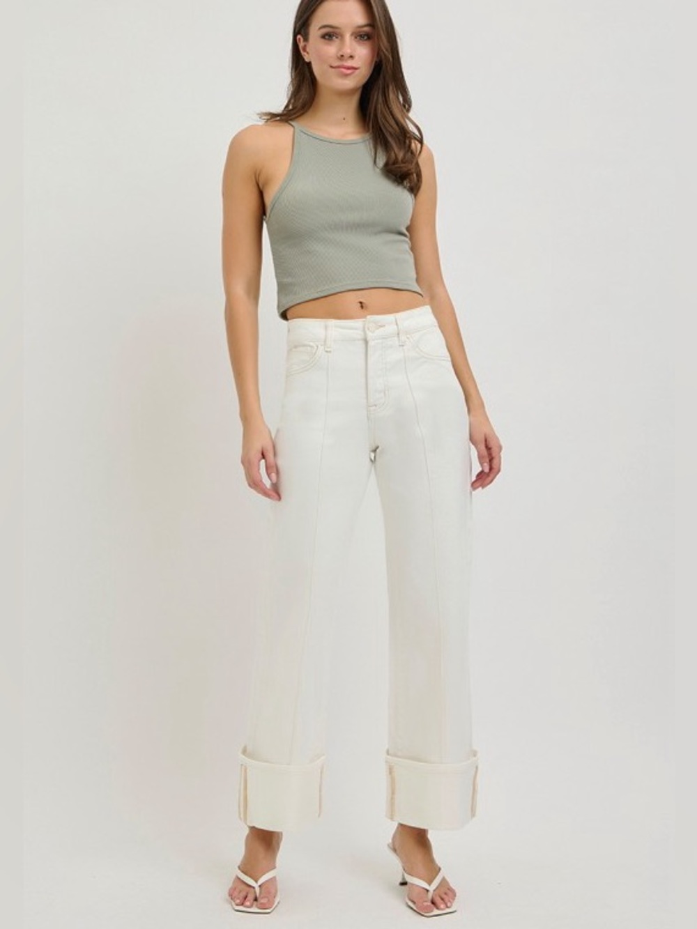 Risen Tummy Control High Waist Crop Wide Leg Cuffed Cream Jeans Size 31